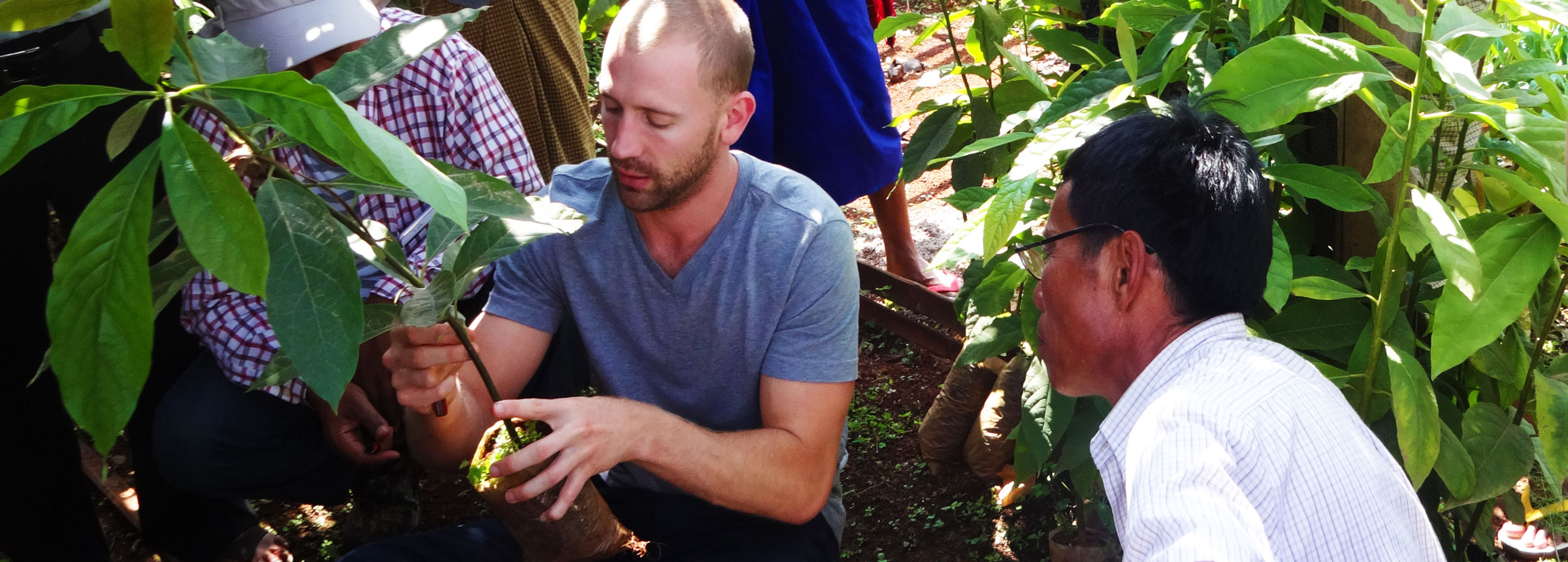 Volunteer demonstrating planting technique to farmer